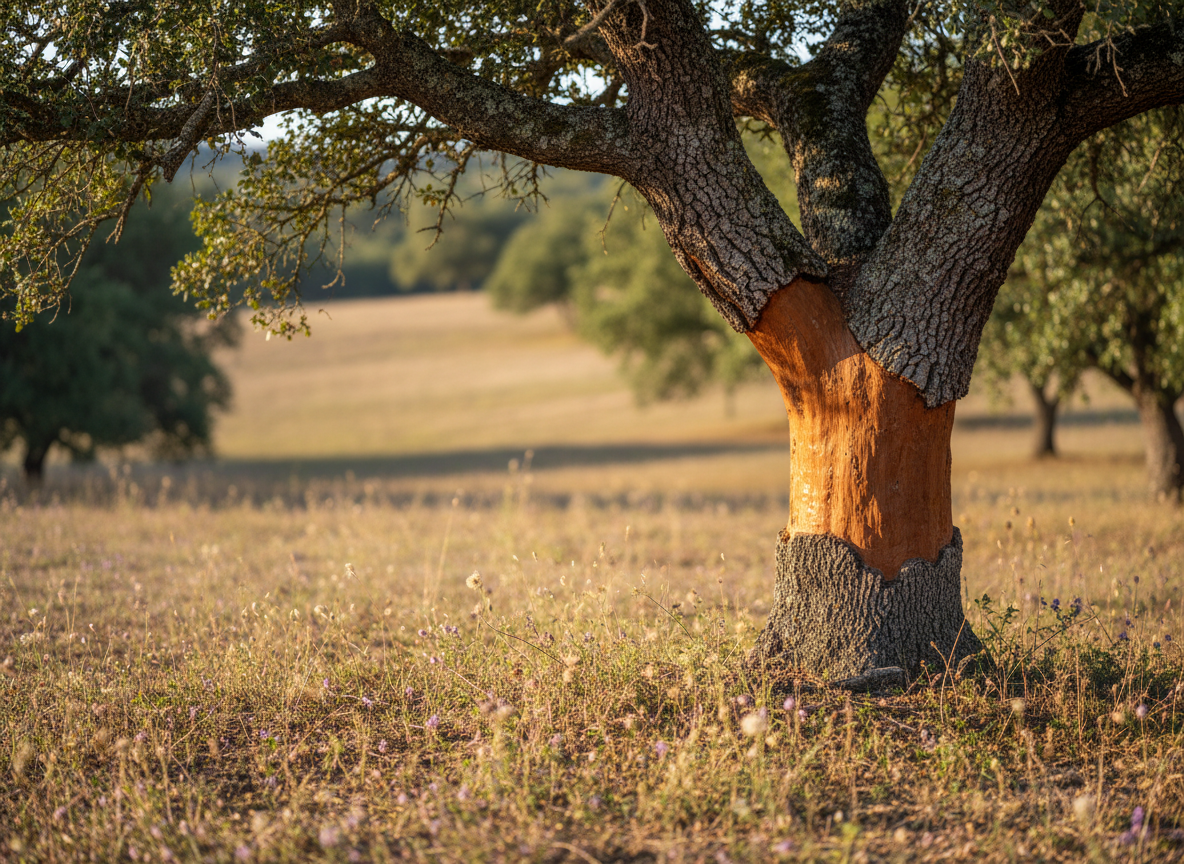 A close-up, ground-level photographic view of a mature cork oak tree in Alentejo, its thick, rugged trunk partially stripped to reveal the rich, reddish-brown inner bark contrasting with the dark, textured outer layer above. The base of the tree is surrounded by dry, amber grasses and scattered wildflowers in muted purples and whites. Soft, diffused late-morning sunlight filters through the irregular canopy of rounded green leaves, casting dappled, intricate shadows on the ground. The mood is intimate and scholarly, highlighting natural detail and ecological significance. Shot with shallow depth of field, the tree trunk occupies the right third of the frame, while the background of softly blurred rolling fields and distant oaks creates gentle bokeh. Photographic realism with a natural, sophisticated aesthetic.