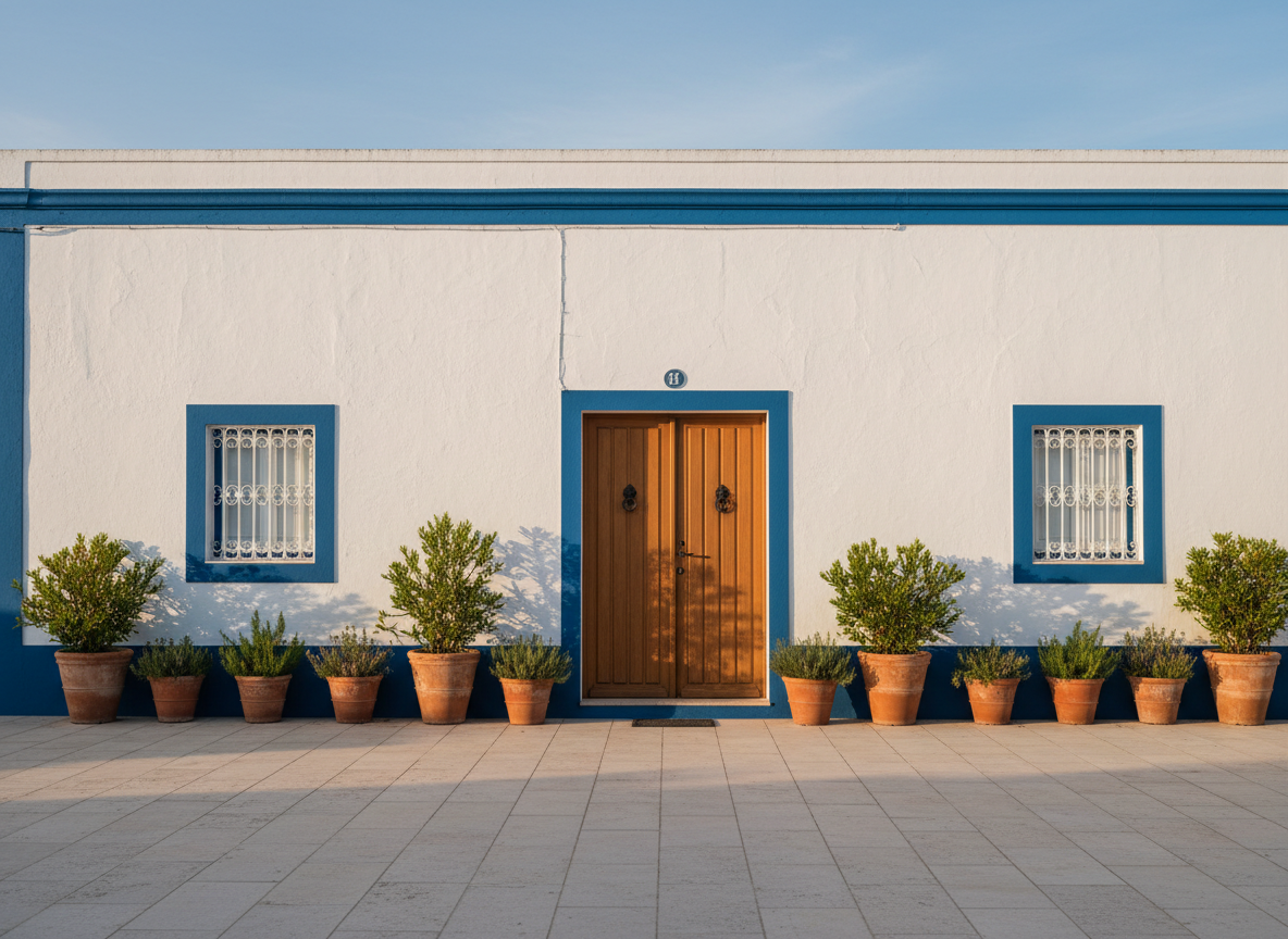 A meticulously preserved, whitewashed Alentejo farmhouse façade with deep blue trim frames around tall wooden doors and small, iron-grilled windows. The plaster surface shows subtle hairline cracks and variations in tone, suggesting age and careful maintenance. At the base of the wall, terracotta planters overflow with native shrubs and aromatic herbs, their green tones contrasting elegantly with the building’s crisp geometry. Soft, slanting late-afternoon sunlight creates clean, elongated shadows from the window grilles and planters across the smooth stone-paved courtyard. The mood is calm, refined, and welcoming, evoking the starting point of a curated local tour. Captured at eye level with a slightly off-center composition, the farmhouse fills most of the frame, while a narrow strip of sky at the top adds balance. Photographic realism with a minimalist, architectural emphasis.