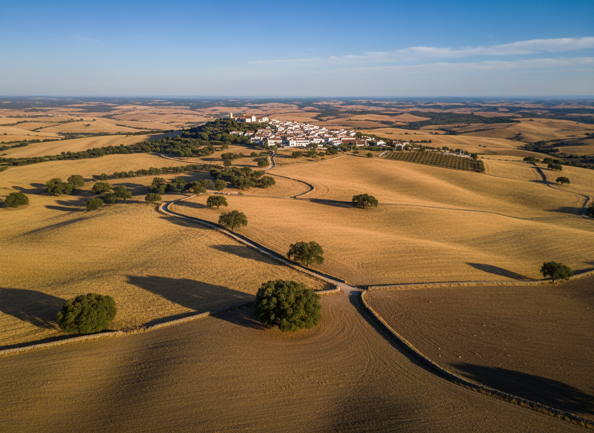 A sweeping aerial photographic view of the Alentejo countryside, with undulating golden wheat fields intersected by narrow stone-walled lanes and clusters of dark green cork oak trees. In the mid-ground, a whitewashed hilltop town with terracotta roofs crowns a gentle rise, its geometric forms contrasting with the organic patterns of the land. Late afternoon sunlight casts long, refined shadows that accentuate the textures of plowed earth and dry grass. The mood is serene and contemplative, emphasizing timeless rural elegance. Captured in sharp focus with a wide-angle lens, the composition follows the rule of thirds, leading the eye from foreground fields to distant rolling hills under a deep, subtly graduated blue sky. Photographic realism with a sophisticated, clean aesthetic.