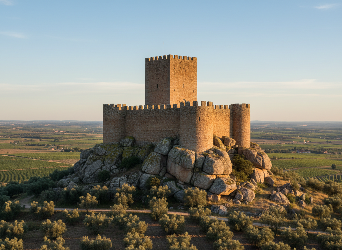 An ancient stone castle in Alentejo, constructed of weathered, warm-toned granite blocks, rises from a rocky outcrop above a vast plain of vineyards and olive groves. The crenelated walls and a solitary square tower are sharply defined against a clear, pale blue sky. Soft golden hour light grazes the stone surfaces, revealing centuries of erosion, lichen patches, and subtle color variations. Below, meticulously aligned vineyard rows and silvery olive trees create ordered patterns of green. The atmosphere is dignified and historical, with a quiet sense of discovery. Photographed from a slightly elevated, three-quarter angle with moderate depth of field, the fortress is placed on the upper third of the frame, emphasizing its guardianship over the landscape. Photographic realism with a classic, refined feel.