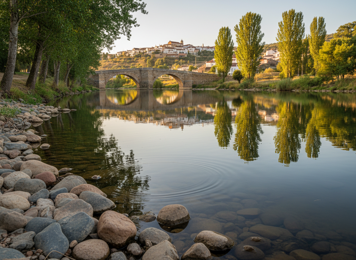 A tranquil Alentejo river scene with a slow-moving, mirror-like surface reflecting the deep greens of riverside poplars and the warm whites and ochres of a distant hilltop village. In the foreground, smooth, rounded stones of varying greys and browns line the water’s edge, some partially submerged, creating delicate ripples. Late afternoon light bathes the entire scene in a soft, golden hue, producing gentle highlights on the water and nuanced shadows beneath overhanging branches. A small, stone arched bridge spans the river in the mid-ground, its reflection forming an almost perfect circle. The mood is meditative and elegant, underscoring the harmony of nature and local heritage. Captured from a low, bank-level perspective with leading lines formed by the shoreline, the composition uses moderate depth of field for clarity and depth. Photographic realism with a sophisticated, tranquil aesthetic.